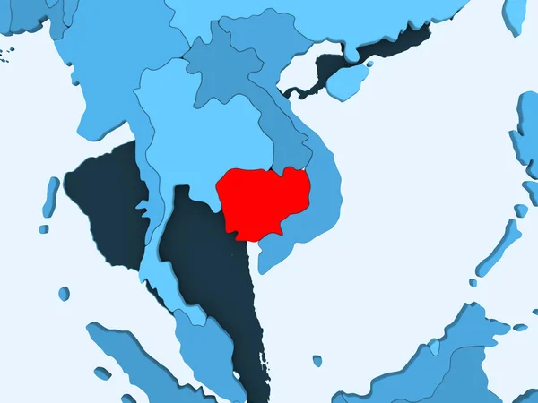Камбоджа Красном Голубой Политической Карте Прозрачными Океанами Иллюстрация — стоковое фото