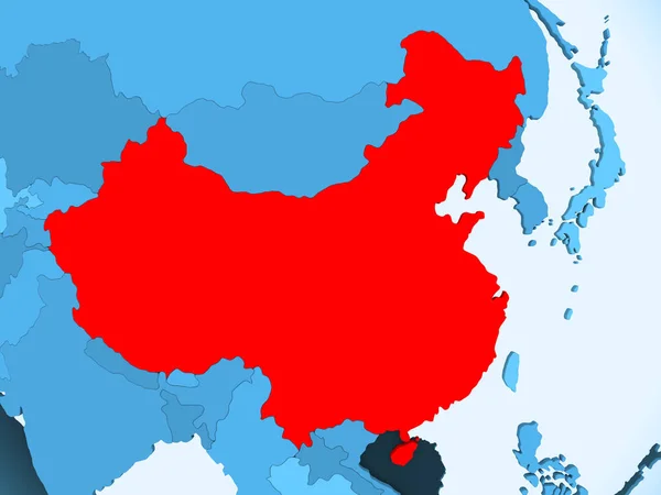 China in red on blue political map with transparent oceans. 3D illustration.