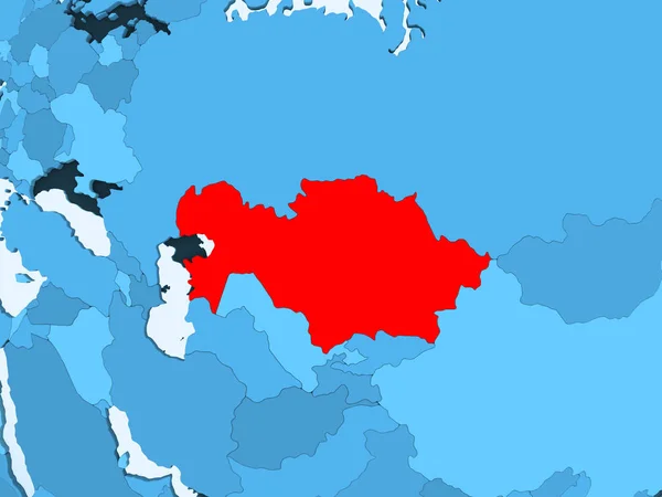 Kazakhstan in red on blue political map with transparent oceans. 3D illustration.