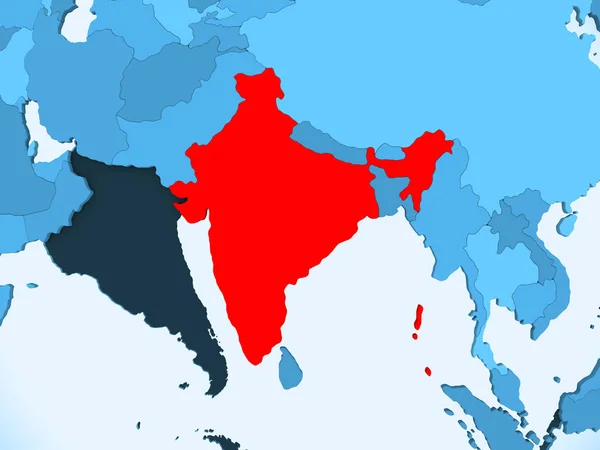 Inde Rouge Sur Carte Politique Bleue Avec Des Océans Transparents — Photo