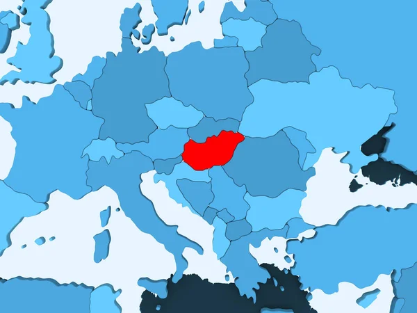 Hungría Rojo Sobre Azul Mapa Político Con Océanos Transparentes Ilustración —  Fotos de Stock