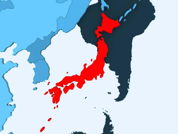 Japón Rojo Sobre Azul Mapa Político Con Océanos Transparentes Ilustración —  Fotos de Stock