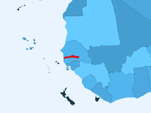 Gambia Rosso Sulla Mappa Politica Blu Con Oceani Trasparenti Illustrazione — Foto Stock