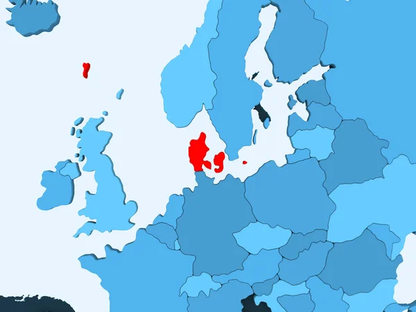 Дания Красном Голубой Политической Карте Прозрачными Океанами Иллюстрация — стоковое фото