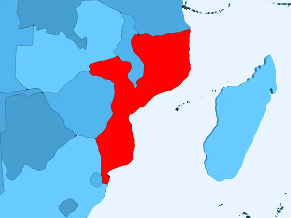 Mozambique Rojo Sobre Azul Mapa Político Con Océanos Transparentes Ilustración —  Fotos de Stock