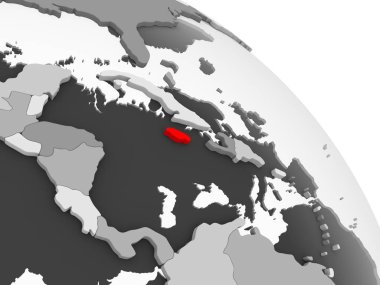 Kırmızı şeffaf okyanuslar ile gri siyasi dünya üzerinde 3D render Jamaika. 3D çizim.