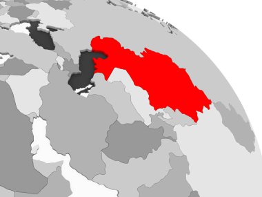 Kırmızı şeffaf okyanuslar ile gri siyasi dünya üzerinde 3D render Kazakistan. 3D çizim.