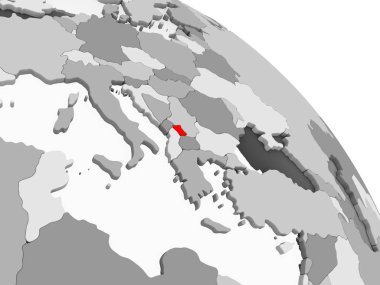 Kırmızı şeffaf okyanuslar ile gri siyasi dünya üzerinde 3D render Kosova'nın. 3D çizim.