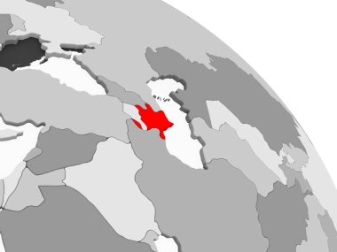 Kırmızı şeffaf okyanuslar ile gri siyasi dünya üzerinde 3D render, Azerbaycan. 3D çizim.