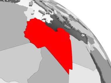 Kırmızı şeffaf okyanuslar ile gri siyasi dünya üzerinde 3D render Libya. 3D çizim.