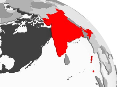Kırmızı şeffaf okyanuslar ile gri siyasi dünya üzerinde 3D render Hindistan. 3D çizim.