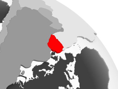 Kırmızı şeffaf okyanuslar ile gri siyasi dünya üzerinde 3D render Uruguay. 3D çizim.