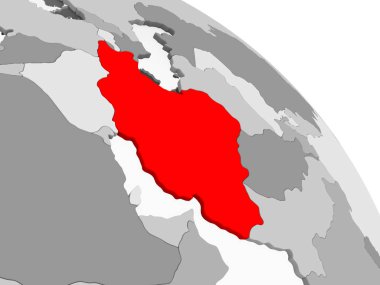 Kırmızı şeffaf okyanuslar ile gri siyasi dünya üzerinde 3D render İran. 3D çizim.