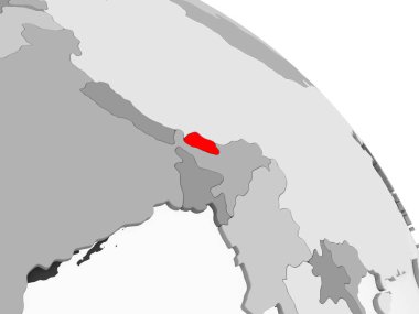 Kırmızı şeffaf okyanuslar ile gri siyasi dünya üzerinde 3D render Bhutan. 3D çizim.