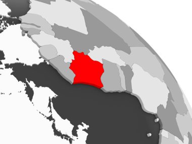 Fildişi Sahili 3D render kırmızı şeffaf okyanuslar ile gri siyasi dünya üzerinde. 3D çizim.