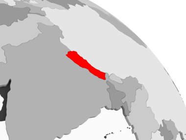Kırmızı şeffaf okyanuslar ile gri siyasi dünya üzerinde 3D render Nepal. 3D çizim.