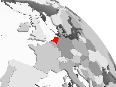 Hollanda 3D render kırmızı şeffaf okyanuslar ile gri siyasi dünya üzerinde. 3D çizim.