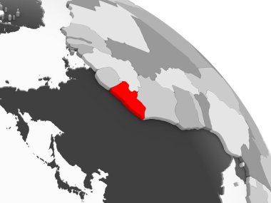 Liberya 3D render kırmızı şeffaf okyanuslar ile gri siyasi dünya üzerinde. 3D çizim.