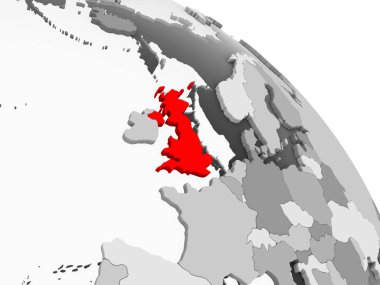 Kırmızı şeffaf okyanuslar ile gri siyasi dünya üzerinde 3D render, Birleşik Krallık. 3D çizim.