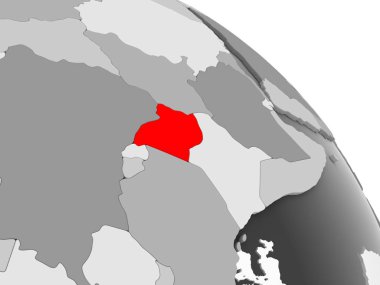 Kırmızı şeffaf okyanuslar ile gri siyasi dünya üzerinde 3D render Uganda. 3D çizim.