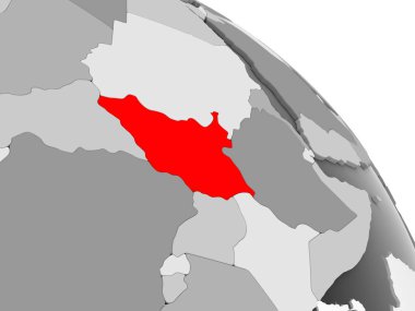 Güney Sudan 3D render kırmızı şeffaf okyanuslar ile gri siyasi dünya üzerinde. 3D çizim.