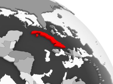 Kırmızı şeffaf okyanuslar ile gri siyasi dünya üzerinde 3D render Küba'nın. 3D çizim.