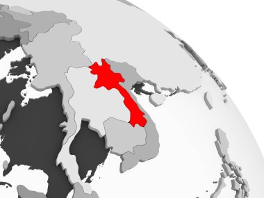Kırmızı şeffaf okyanuslar ile gri siyasi dünya üzerinde 3D render Laos. 3D çizim.
