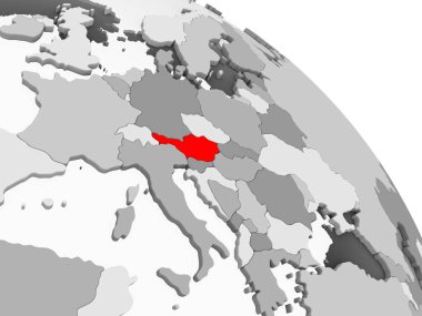 Kırmızı şeffaf okyanuslar ile gri siyasi dünya üzerinde 3D render (Avusturya). 3D çizim.