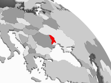 Moldova 3D render kırmızı şeffaf okyanuslar ile gri siyasi dünya üzerinde. 3D çizim.