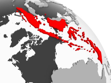 Kırmızı şeffaf okyanuslar ile gri siyasi dünya üzerinde 3D render Endonezya. 3D çizim.