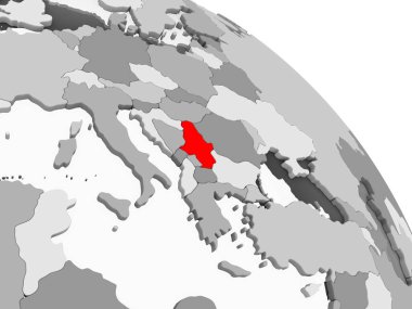 Kırmızı şeffaf okyanuslar ile gri siyasi dünya üzerinde 3D render Sırbistan. 3D çizim.