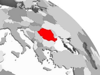 Kırmızı şeffaf okyanuslar ile gri siyasi dünya üzerinde 3D render Romanya. 3D çizim.