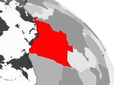 Angola 3D render kırmızı şeffaf okyanuslar ile gri siyasi dünya üzerinde. 3D çizim.