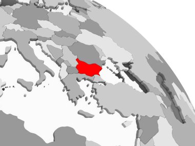 Kırmızı şeffaf okyanuslar ile gri siyasi dünya üzerinde 3D render Bulgaristan. 3D çizim.