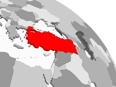 Kırmızı şeffaf okyanuslar ile gri siyasi dünya üzerinde 3D render Türkiye'nin. 3D çizim.