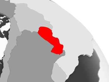Kırmızı şeffaf okyanuslar ile gri siyasi dünya üzerinde 3D render Paraguay. 3D çizim.
