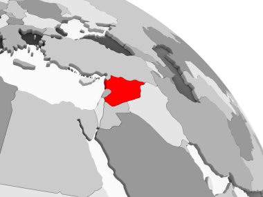 Kırmızı şeffaf okyanuslar ile gri siyasi dünya üzerinde 3D render Suriye. 3D çizim.