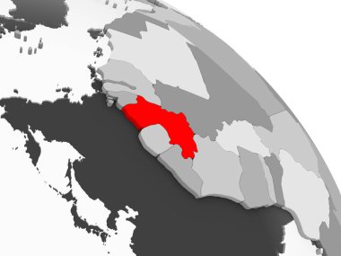 Kırmızı şeffaf okyanuslar ile gri siyasi dünya üzerinde 3D render, Gine. 3D çizim.