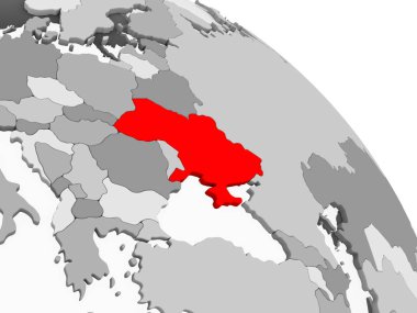 Kırmızı şeffaf okyanuslar ile gri siyasi dünya üzerinde 3D render Ukrayna. 3D çizim.