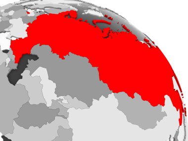 Kırmızı şeffaf okyanuslar ile gri siyasi dünya üzerinde 3D render Rusya'nın. 3D çizim.