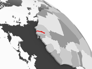 Gambiya 3D render kırmızı şeffaf okyanuslar ile gri siyasi dünya üzerinde. 3D çizim.