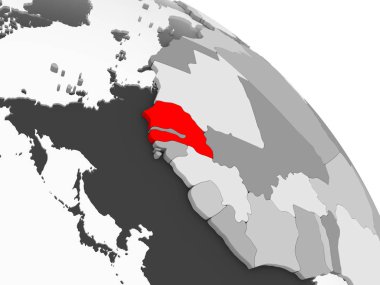Senegal 3D render kırmızı şeffaf okyanuslar ile gri siyasi dünya üzerinde. 3D çizim.
