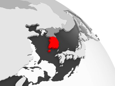 Kırmızı şeffaf okyanuslar ile gri siyasi dünya üzerinde 3D render Güney Kore. 3D çizim.