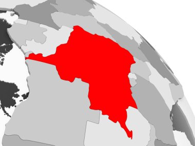 Demokratik Kongo Cumhuriyeti 3D render kırmızı şeffaf okyanuslar ile gri siyasi dünya üzerinde. 3D çizim.