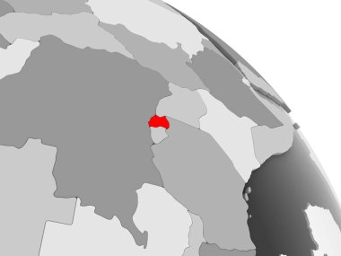 Ruanda 3D render kırmızı şeffaf okyanuslar ile gri siyasi dünya üzerinde. 3D çizim.