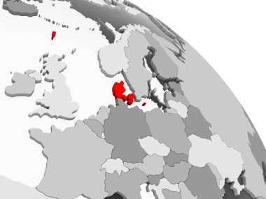 Kırmızı şeffaf okyanuslar ile gri siyasi dünya üzerinde 3D render Danimarka. 3D çizim.