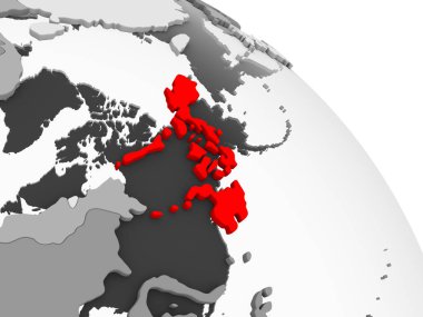 Kırmızı şeffaf okyanuslar ile gri siyasi dünya üzerinde 3D render, Filipinler. 3D çizim.
