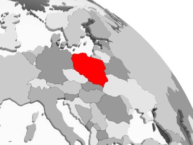 Kırmızı şeffaf okyanuslar ile gri siyasi dünya üzerinde 3D render Polonya. 3D çizim.