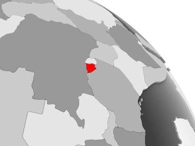 Burundi 3D render kırmızı şeffaf okyanuslar ile gri siyasi dünya üzerinde. 3D çizim.