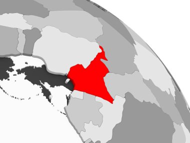 Kamerun 3D render kırmızı şeffaf okyanuslar ile gri siyasi dünya üzerinde. 3D çizim.